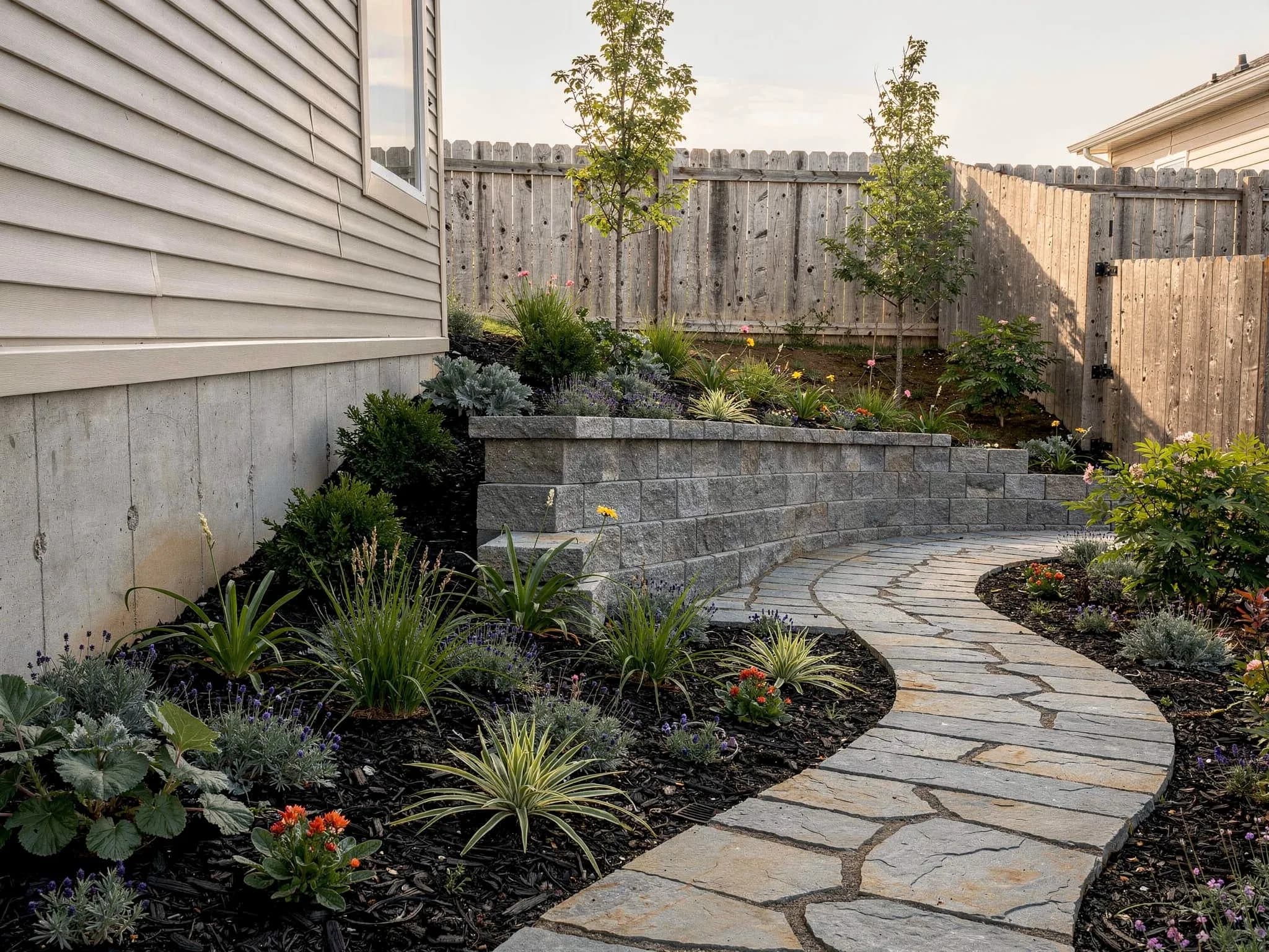 A tiered Belgard retaining wall levels an awkward slope, with a stone walkway winding through neat native plantings.