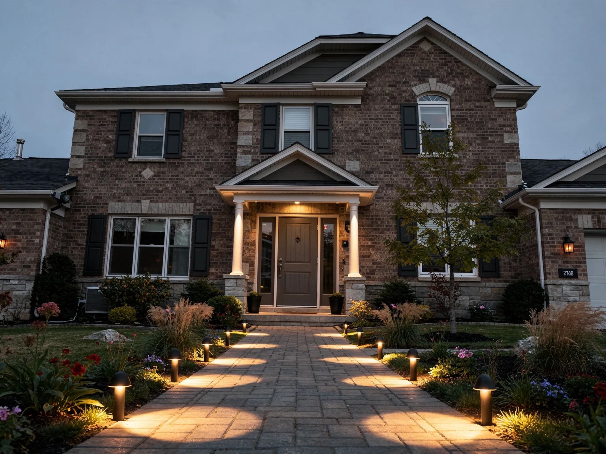 Kichler path lights and architectural up-lighting turn a once-dark entry into a warm, welcoming arrival home.