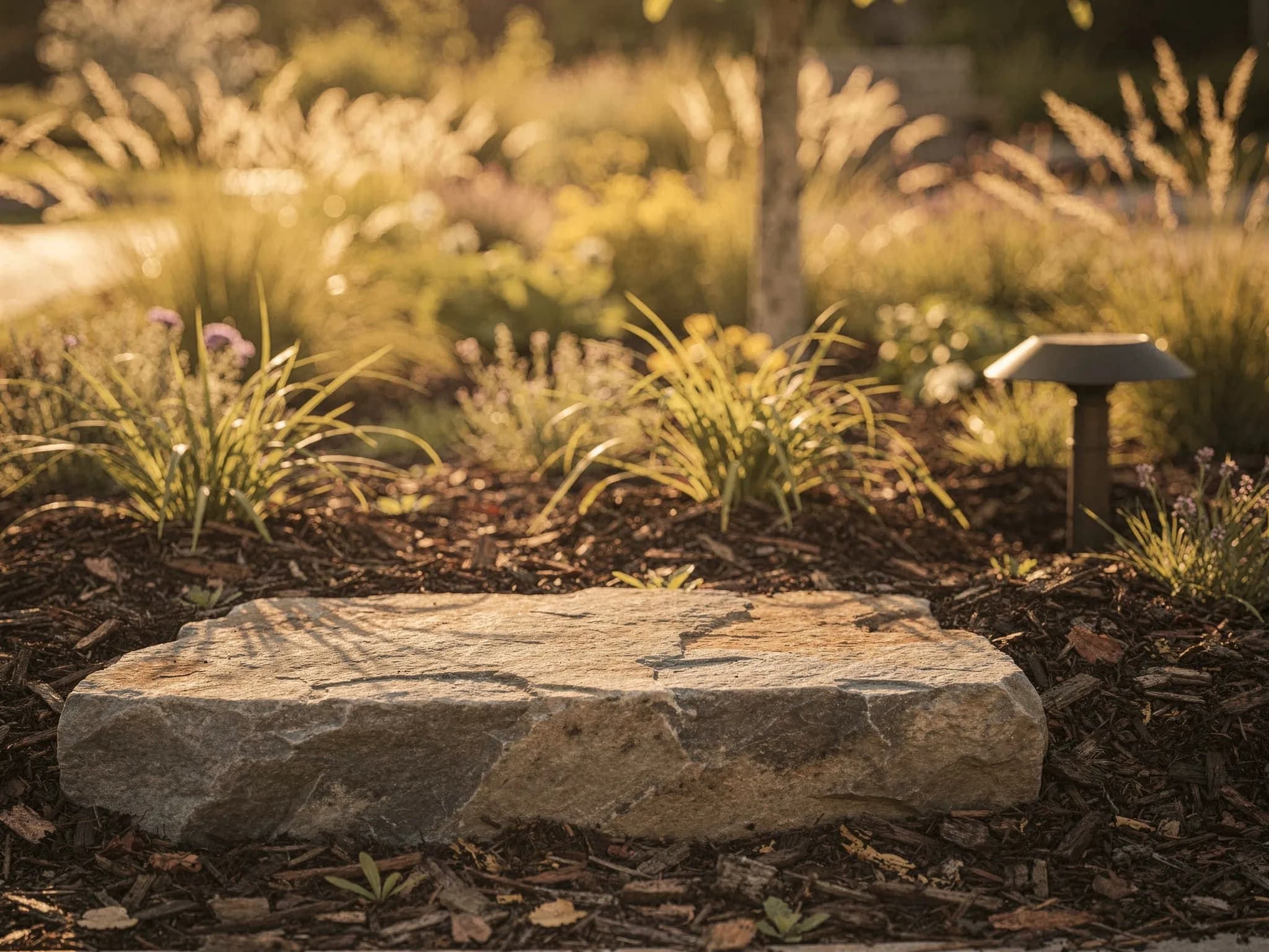 A natural stone step settles into a freshly mulched bed, with ornamental grasses catching the last of the golden hour.