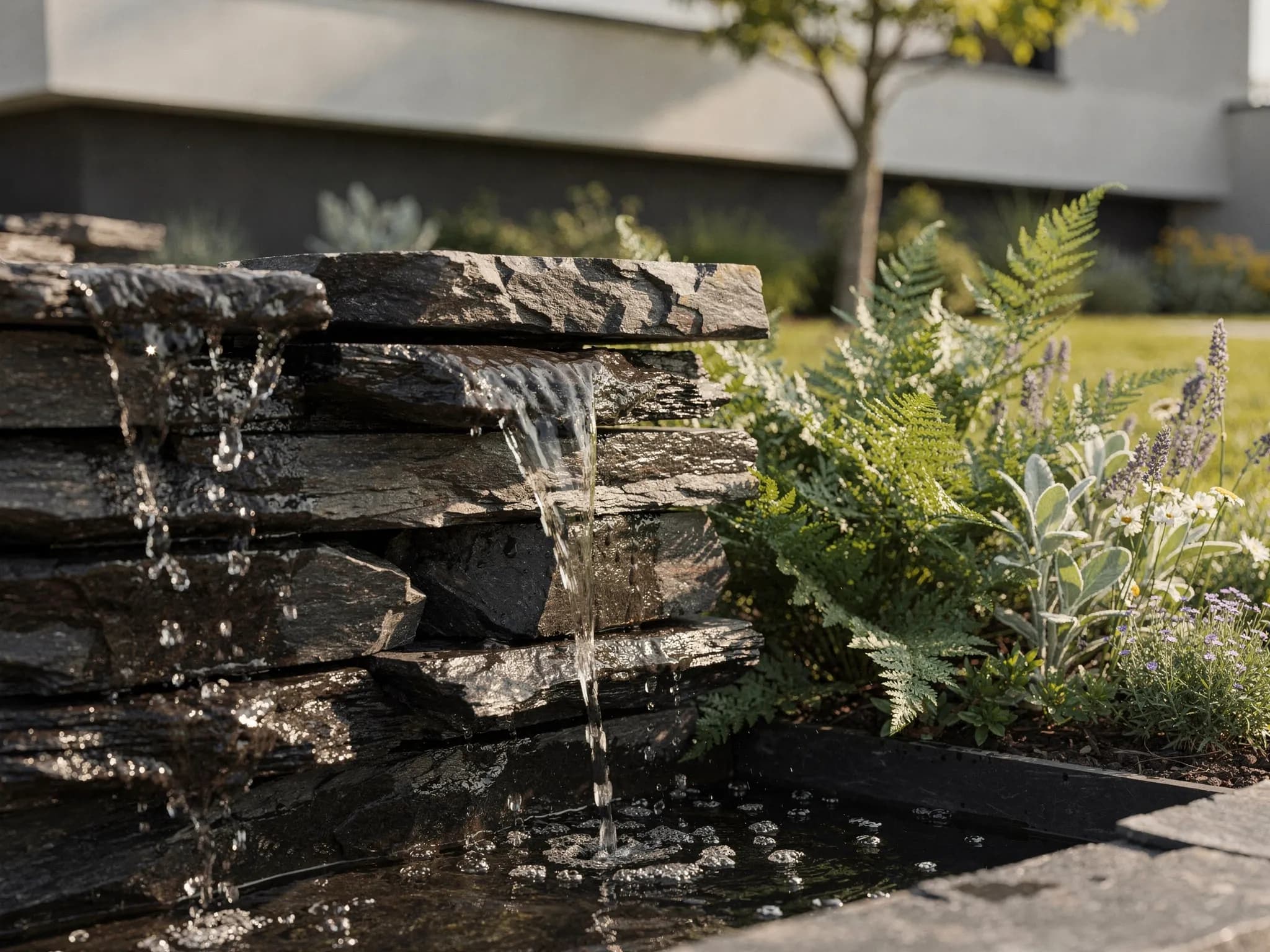 Stacked slate and trickling water soften a quiet corner, framed by sage-green native ferns that thrive here.