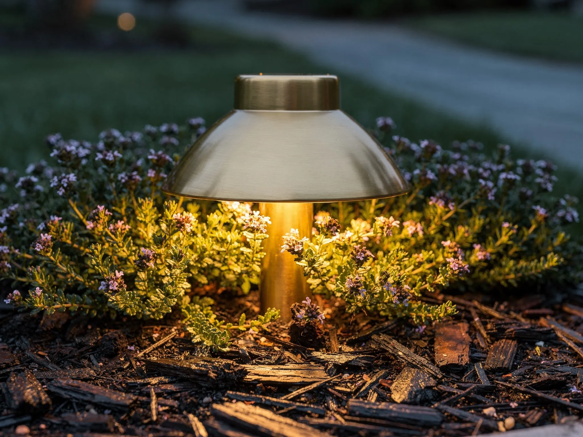 A brushed brass Kichler path light glows softly over creeping thyme at twilight, guiding the way without a hint of glare.